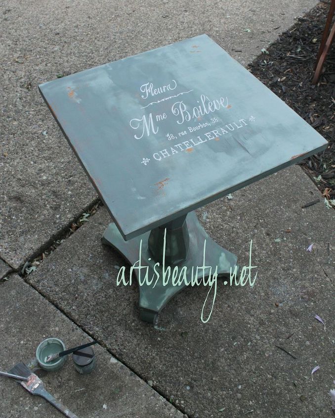 my duo color french invoice parlor table before and after, painted furniture, He it is getting all waxed and waiting for it to cure so it can be buffed