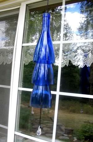 heavenly cobalt glass in the garden, crafts, outdoor living, repurposing upcycling, Kirk Willis s Wine bottle wind chime
