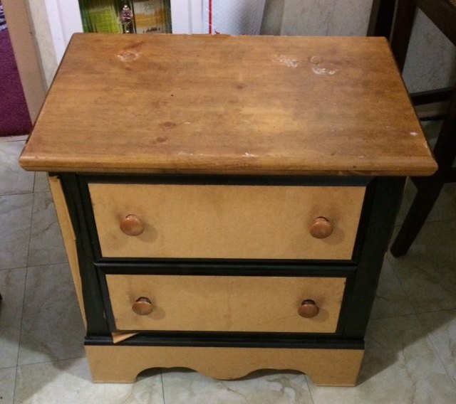 need help with night stand makeover, Peeling black laminate on left side and also damaged top