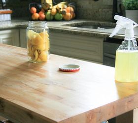 homemade butcher block cleaner, cleaning tips, countertops, 5 After lightly scrubbing the butcher block with warm warmer and a little bit of soap liberally spray over the butcher block to disinfect and then wipe off
