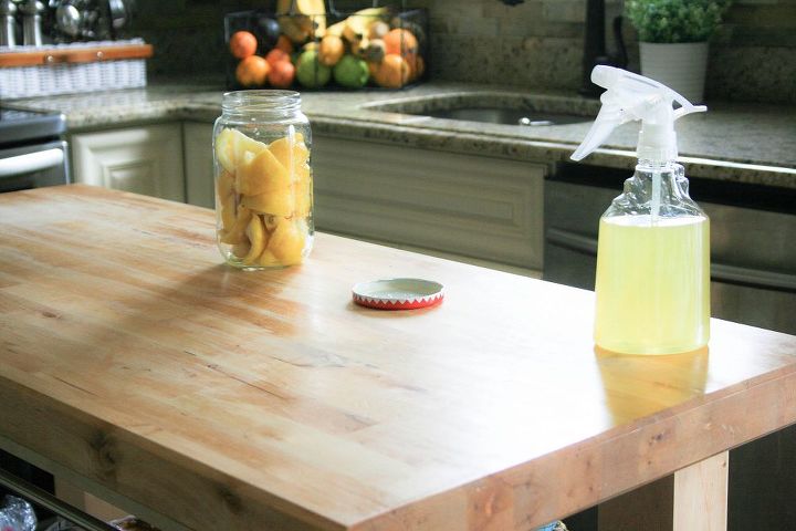 homemade butcher block cleaner, cleaning tips, countertops, 5 After lightly scrubbing the butcher block with warm warmer and a little bit of soap liberally spray over the butcher block to disinfect and then wipe off