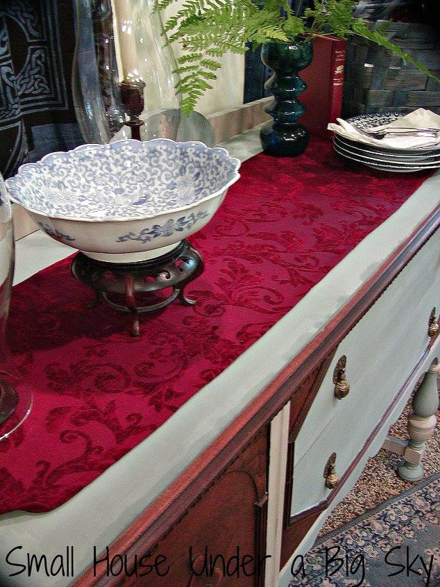 photo styling tips part iv of the small house series, home decor, A blue and white Phoenix Bird china bowl on an Oriental style base sits on a brocade cranberry colored runner All were chosen to compliment the soft blue chalk paint color