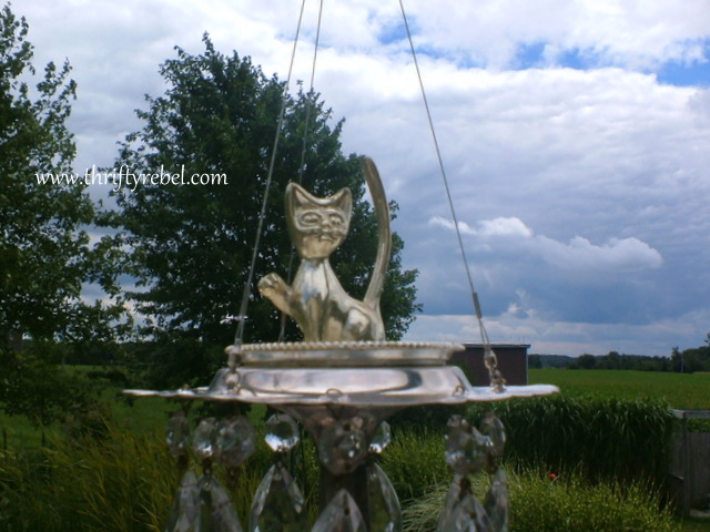 diy silver goblet wind chimes, crafts, outdoor living, repurposing upcycling, Silver cat on the top tier