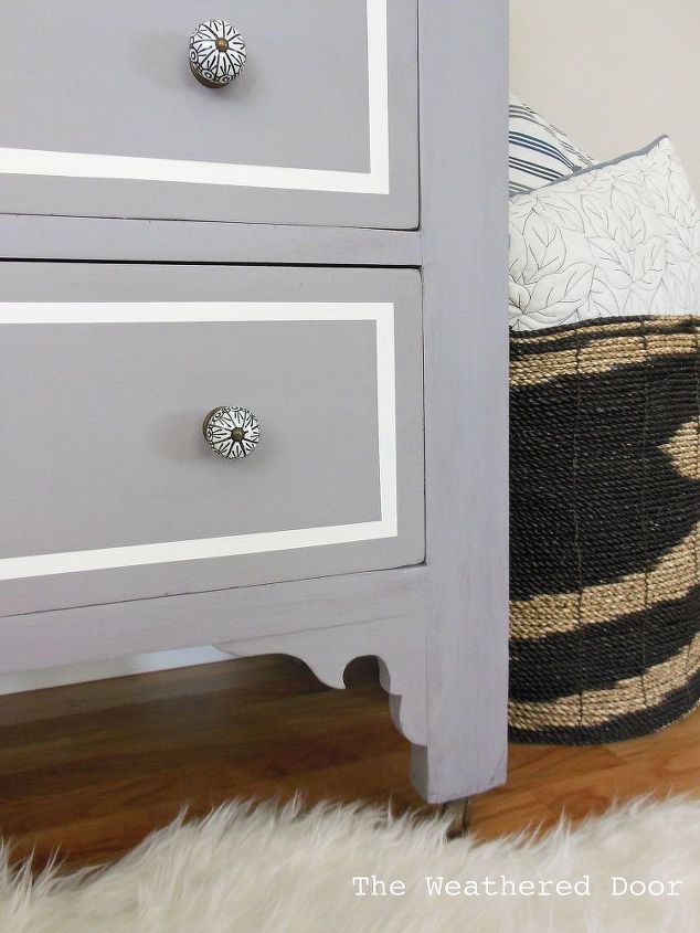 a plum grey dresser with modern lines, painted furniture, Fun new black and white pulls