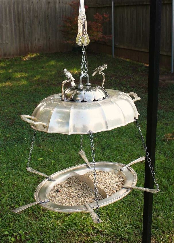 repurposed twin bird silverplate platters bird feeder, outdoor living, repurposing upcycling, Repurposed Twin Bird Silverplate Platters Bird Feeder by GadgetSponge com