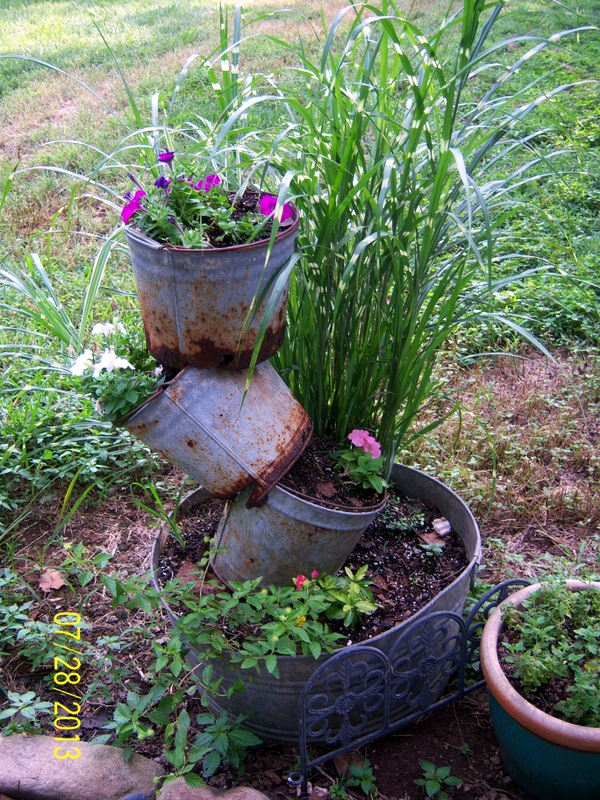more of my unusual planters, flowers, gardening, repurposing upcycling, Tipsy buckets