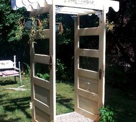 making snazzy re purposed garden arches, gardening, outdoor living, Another door arch set up in Sue Gerdes s daughter s garden