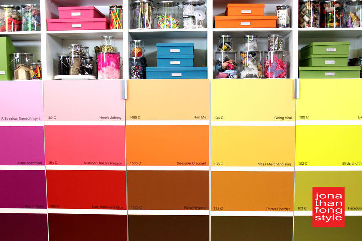 paint chip cabinet doors, craft rooms, kitchen cabinets, painting, storage ideas, I created the paint chip cabinet artwork on InDesign using actual Pantone colors and numbers and I sized the artwork to the exact dimensions of the cabinet doors