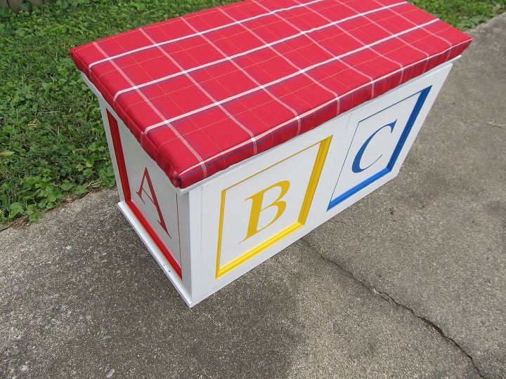 repurposed 1 cupboard doors into an abc block toy box, diy, how to, repurposing upcycling, Add a little sawing drilling painting and sewing to get this adorable ABC Blocks Toy Box