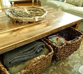 diy rustic coffee table with storage in about 3 or 4 days, diy, painted furniture, rustic furniture, woodworking projects, I m HUGE on storage these baskets hold extra blankets remotes and anything that usually accumulates in a family room