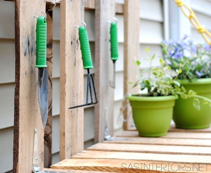 diy pallet gardening table, diy, gardening, how to, outdoor furniture, outdoor living, painted furniture, pallet, repurposing upcycling, On the vertical pallet I installed small hooks to hold shovels and other small gardening tools Its a great way to stay organized