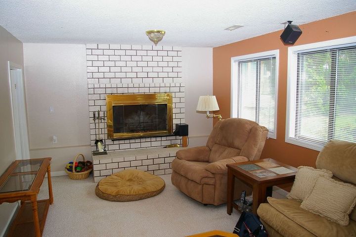 would you paint your brick fireplace a bold orange we did, fireplaces mantels, home decor, living room ideas, painting, This is what we saw on our first walk through A brown and beige man cave
