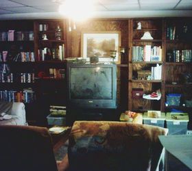 before after family room remodel, home decor, living room ideas, painting, shelving ideas, Dark heavy bookshelves and a stained 7 5 drop ceiling