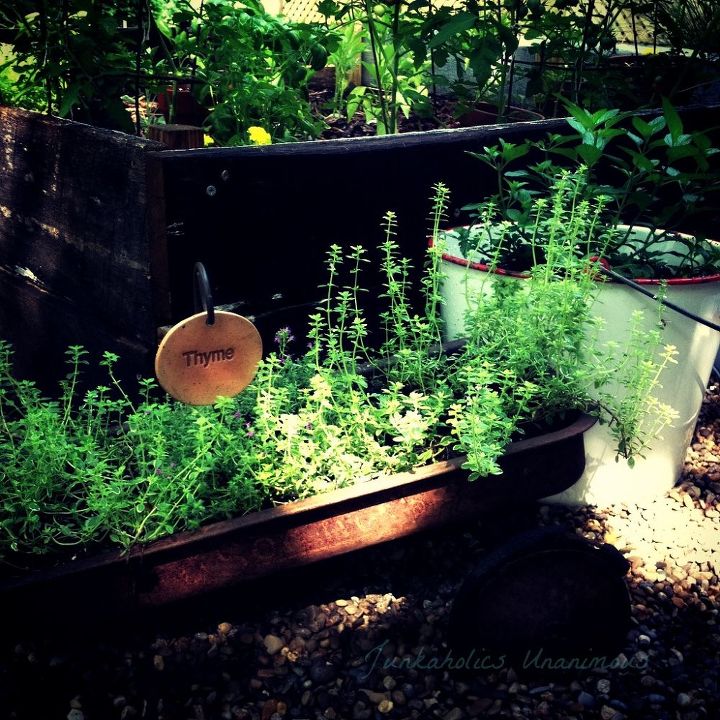 adding vintage junk to the garden, container gardening, flowers, gardening, repurposing upcycling, Garden Thyme