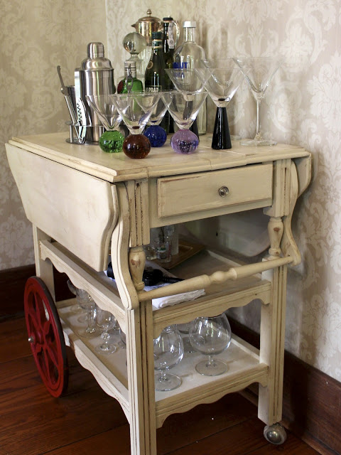 trashed tea cart turned bar cart, painted furniture, repurposing upcycling, Finished and ready to party