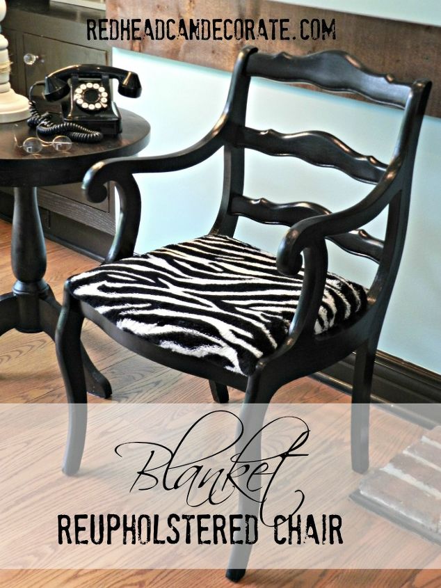 reupholstered chair with blanket, painted furniture, reupholster, The chair was painted glossy black first