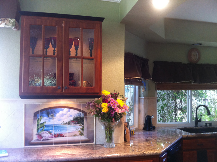hi everyone i wanted to share a new tile mural installation sent to me by one of my, home decor, kitchen design, kitchen island, painting, This is the mural titled Island Getaway It is placed in the serving area of the kitchen