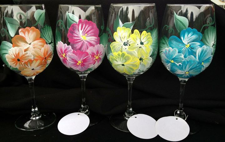 painted wine glass by brushes with a view, painting, Summer Flowers by Brushes with A View
