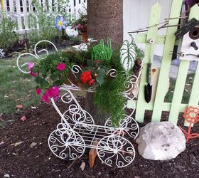 garden walk fairies gnomes and flower garden design, flowers, gardening, outdoor living, repurposing upcycling, Little green fence and flower carriage adorn the tree