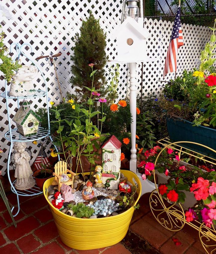 fairy garden in a beverage tub, gardening, outdoor living, repurposing upcycling, Vignette in the one corner of my Patio in my small yard