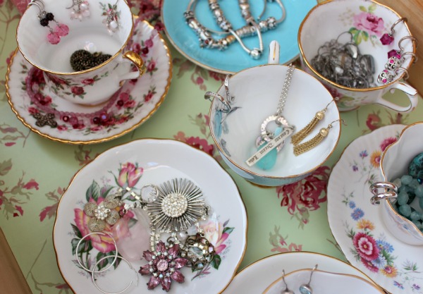 vintage tea cup jewelry storage solution, repurposing upcycling, storage ideas, A mix of tea cups and saucers not only store jewelry pieces but look pretty as well