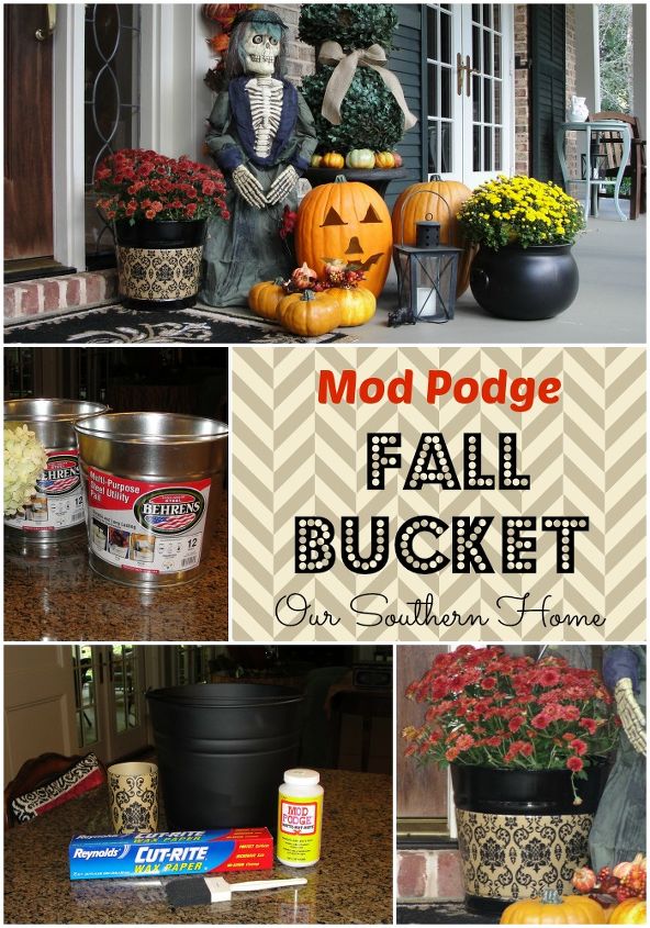 fall decoupage bucket, crafts, decoupage, halloween decorations, seasonal holiday decor, Full tutorial on my blog