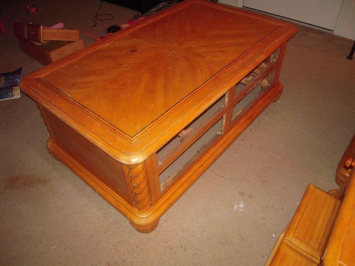 remake of one ugly coffee table set, Here it is in all its glory as orange as can be Took the drawers out already had to scrub this thing down with two different brushes
