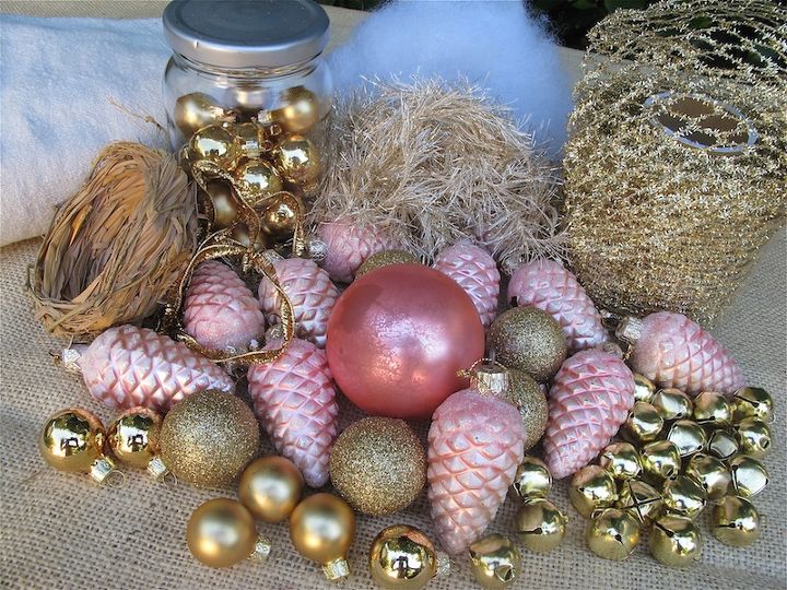 re purposing a tomato cage into a christmas tree, christmas decorations, repurposing upcycling, seasonal holiday decor, I chose a palette of pink gold These are my decorations Chose things you can tie on easily
