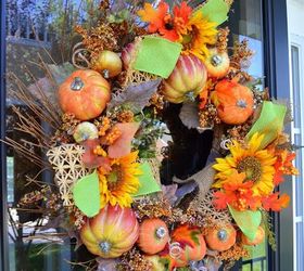 fall on my front porch, patriotic decor ideas, seasonal holiday d cor, wreaths, Pumpkin wreath beefed up with bits of raffia and green burlap ribbon