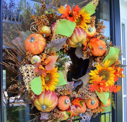 fall on my front porch, patriotic decor ideas, seasonal holiday d cor, wreaths, Pumpkin wreath beefed up with bits of raffia and green burlap ribbon