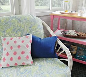 diy sunroom makeover, home decor, painted furniture, Handpainted pillows and refinished bar cart