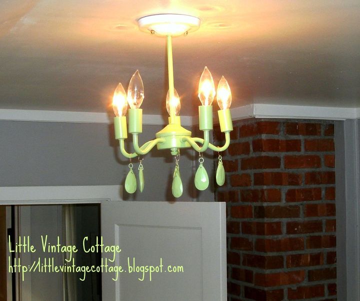 new lime green chandelier, lighting, painted furniture, painted the whole thing including crystals lime green