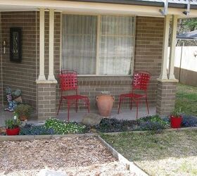 spring is sprung check out the garden, flowers, gardening, Front flower bed with native violets and verbena In the red pot is mint Red chairs were an ebay find I painted them