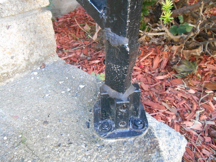 rusted loose black iron railing, curb appeal, diy, home maintenance repairs, painting, stairs, He remove the rusted area of the lower post slip a pie preesure threated up inside wrappedv a piece of aluminum sheet metal around it sealed with a silicone glue and spray piant