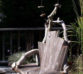 a rustic cabin chair with flying finials, diy, repurposing upcycling, seasonal holiday decor, woodworking projects, A chair for the garden