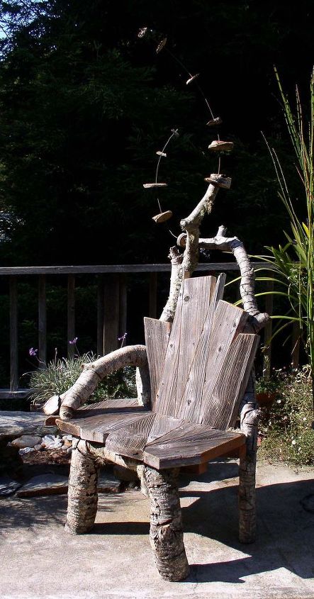 a rustic cabin chair with flying finials, diy, repurposing upcycling, seasonal holiday decor, woodworking projects, A chair for the garden