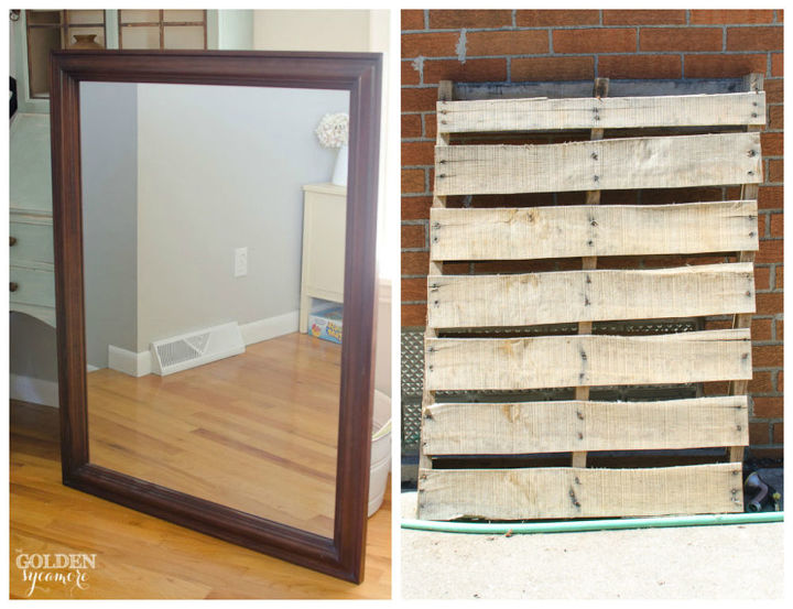 how i jumped on the pallet art bandwagon, crafts, pallet, repurposing upcycling, We started with a large mirror and this funny looking pallet