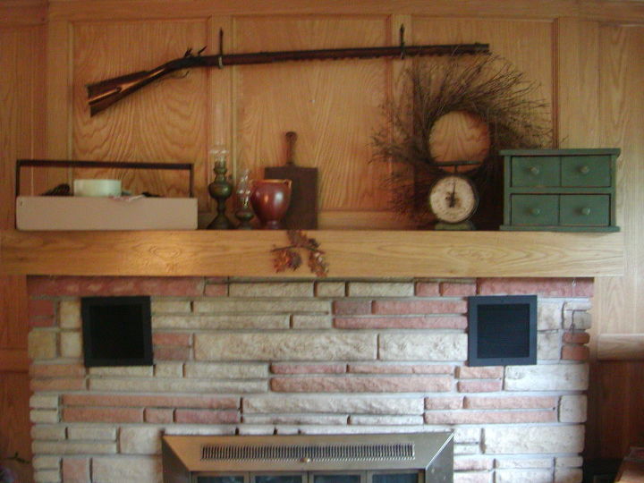 primitive fall mantle at the small house under a big sky, fireplaces mantels, home decor, The Mid Century fireplace mantle at The Small House