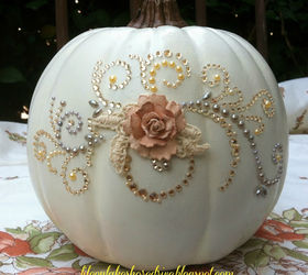 easy glitter and glitz pumpkin, crafts, seasonal holiday decor, The first step to create this bejeweled pumpkin was to spray it with a semi gloss off white spray paint I allowed it to dry overnight