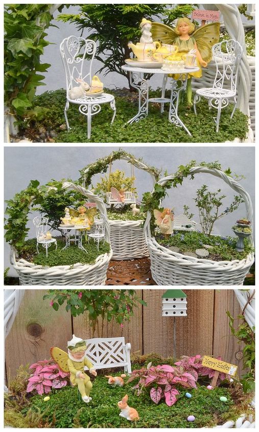 charmed gardens a collection of fairy miniature garden making tips, container gardening, crafts, gardening, terrarium, Fairy Gardens in a basket at Garden Therapy