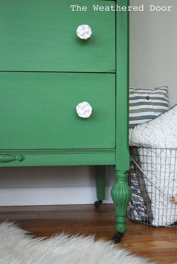 a mossy green dresser with white rose knobs, painted furniture, shabby chic, The Weathered Door A Mossy Green Dresser with White Rose Knobs