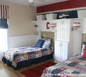 pottery barn isnpired boys bedroom reveal, bedroom ideas, home decor, Stock kitchen cabinetry is used to create a custom storage unit for books and toys