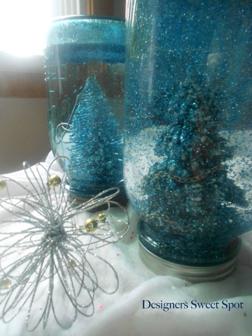mason jar snow globes, crafts, mason jars, repurposing upcycling, I love how the blue jars turned out However only one of these jars is actually blue can you guess which one