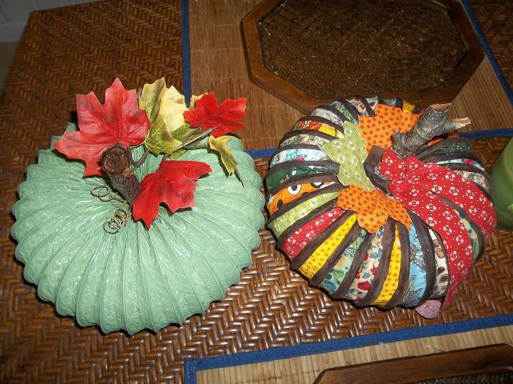 pumpkin made from dryer vent hose and fabric tutorial, crafts, repurposing upcycling, seasonal holiday decor, with her pumpkin sister