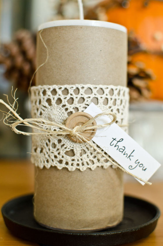 pillar candle gift 3 ways, crafts, seasonal holiday decor, with lace twine and a wooden button