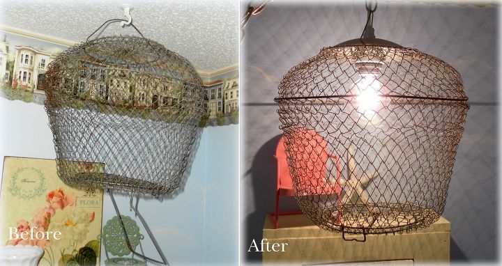 before and after an upcycled bait cage pendant light, lighting, repurposing upcycling, Before and After Upcycled Bait Cage Pendant Light