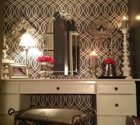 closet makeover into glam dressing room stenciled feature wall, home decor, paint colors, painting, wall decor, Planning to build white cabinetry to make this look like a built in and will break up the pattern a bit