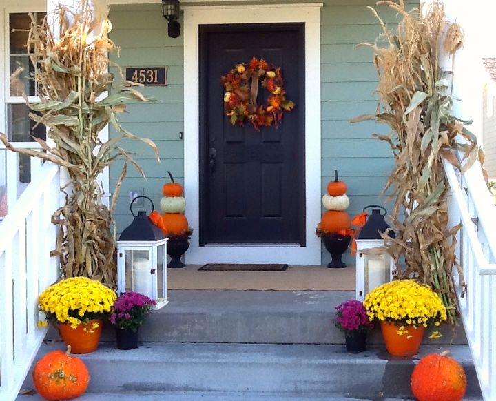 fall porch, porches, seasonal holiday decor, wreaths, The path to the front door using corn stalks