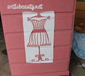 discarded dresser turned dress form beauty, painted furniture, I mixed up a custom deep Pinkish red Then using my silhouette cut out this dress form stencil I am not going to lie Placing this stencil was a pain lots of small vinyl pieces I thought should have just free handed it on