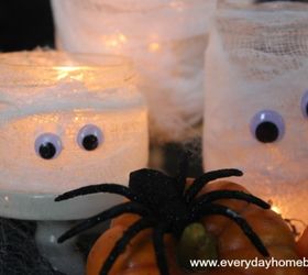 mason jar mummy lanterns, crafts, halloween decorations, mason jars, seasonal holiday decor, Cheese cloth Modge Podge and Googley eyes is all that is needed